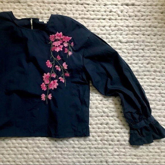 Tops - Blueh ciel navy top with pink cherry blossom embroidery, S